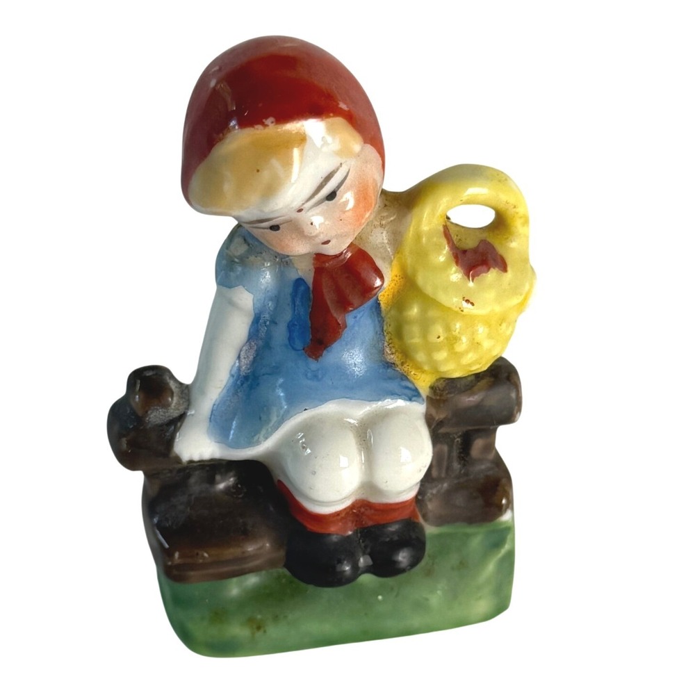 Vintage Occupied Japan Porcelain Girl Figurine with Basket on Fence 2.25"